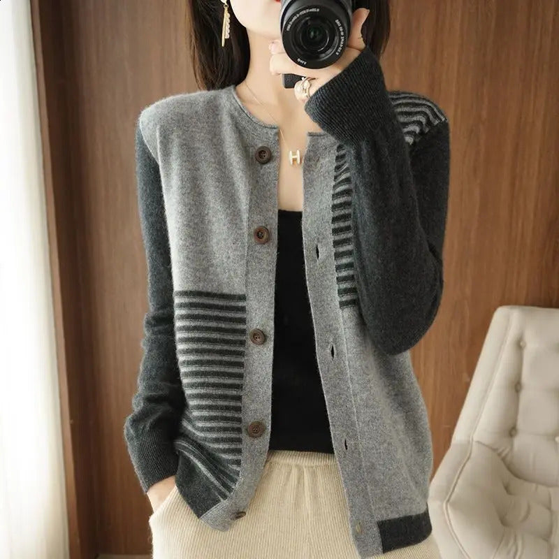 Autumn Winter Temperament Striped Knitting Cardigan Coat Ladies Fashion Patchwork O-neck Sweater Women Clothing Vintage Tops 240918