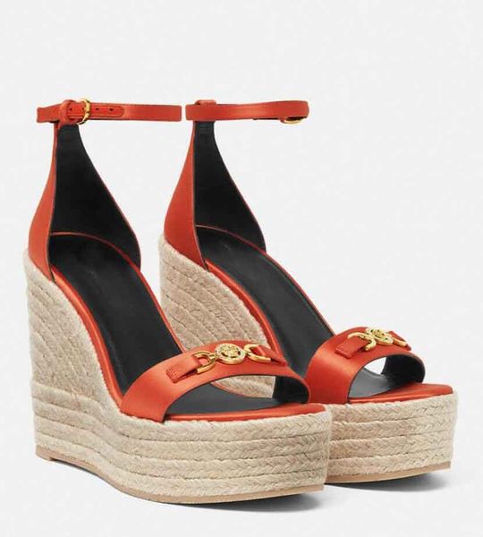 24S Luxury Women Designer Shoes Medusa95 Satin Wedges Heeled Gold-tone Hardware Buckle High Heel Sandals Shoe Dress Wedding Chunky Espadrill