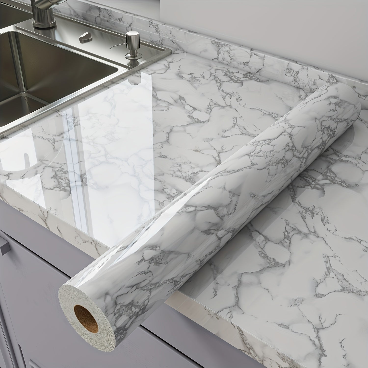 TEMU 1pc Premium Marble Pattern Waterproof Wall Sticker - Heat & Oil Resistant, Self-adhesive Removable Reusable Pet Film With Glossy Finish &