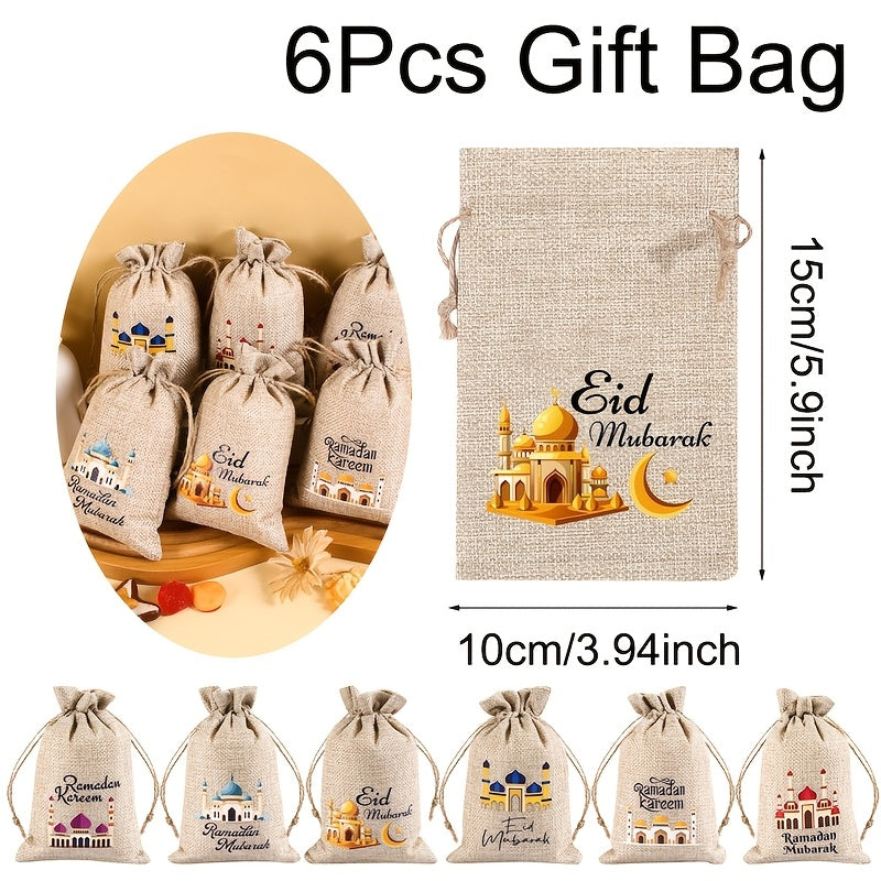 TEMU 6-pack Linen Burlap Gift Bags, 10x15cm, Cartoon Ramadan Kareem & Eid Al-fitr Treat Packaging, Party Favors, Jute Linen Decorative Bags For