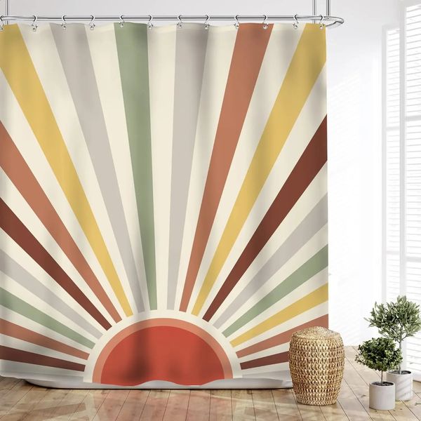 Bohemian Abstract Minimalist Shower Curtain Sunset Medieval Sun Modern Rustic Geometric Brown Orange Bathroom Decor 250116