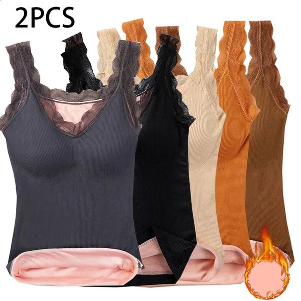 2pcs Woman Thermal Underwear Thermo Lingerie Winter Soft Warm Top Wear Thermo Vest Undershirt Intimate Lace with Bra Padded 241227
