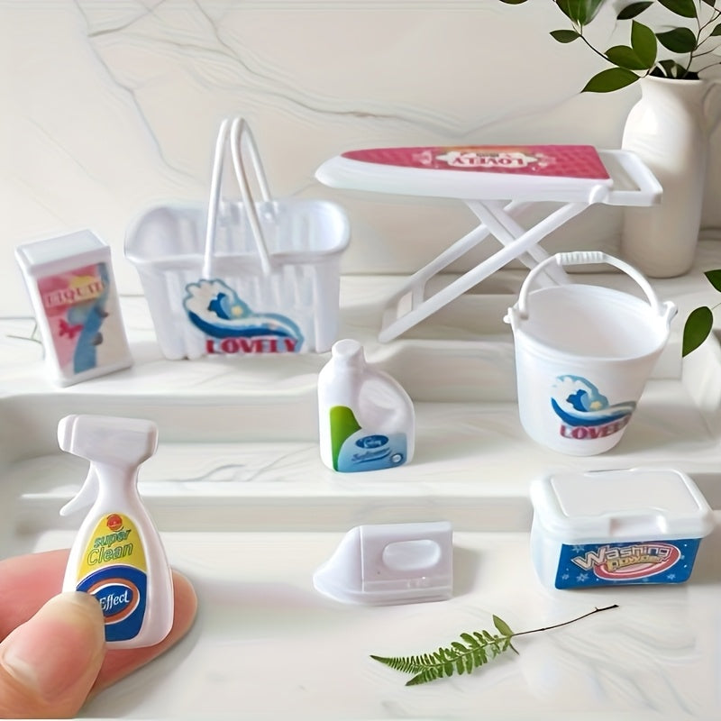 TEMU 8pcs Mini Simulated Laundry Tools Set Fake Iron, Basket & Bucket For Dollhouse Diy, Washing Props Decor