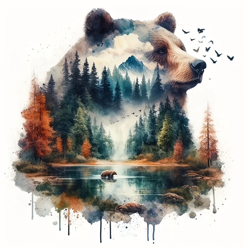 TEMU 6-inch Bear Head And Vinyl Decal - Watercolor Art Design , Lake, And Autumn Foliage - Car Sticker For Laptop, Bottle, Truck, Phone, Motorcycle,