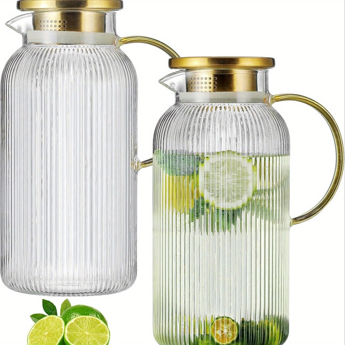 TEMU 2 Pack Glass Pitcher With Lid, 68 Oz- 2 Liter Classic Vertical Stripes Water Pitcher, Glass Water Carafe For Cold Brew, Coffee, Lemonade, Iced ,