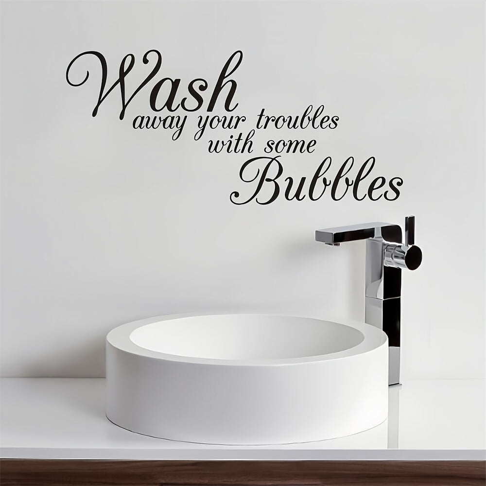 TEMU 1pc " Your Troubles With Bubbles" Vinyl Wall Decal - Waterproof & Removable, Elegant Cursive Lettering For Bathroom, Bathtub, Vanity, Toilet