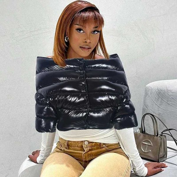 Women&#039;s Down Parkas Womens shiny black shoulder crop inflatable jacket high waist heating bubble jacket single chest short Slve slim pa