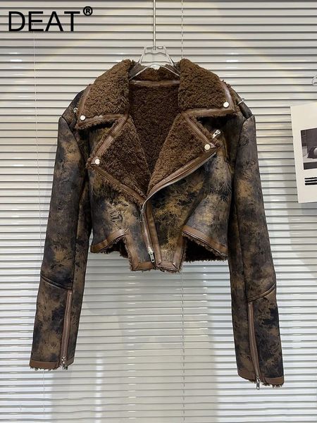 DEAT Vintage Women&#039;s Tie Dye Fur Turn-Down Collar PU Leather Coat 2023 Winter Fashion Long Sleeves Zipper Jacket Female 11Xx6973