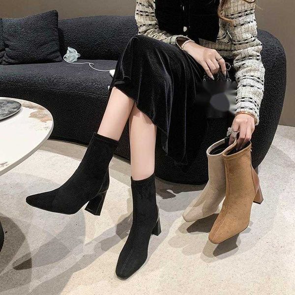 CMM Winter Womens Shoes Simple Low Cut Boots Brown French Short Boots Womens Slim Boots Thick Heels Pointed High Heels