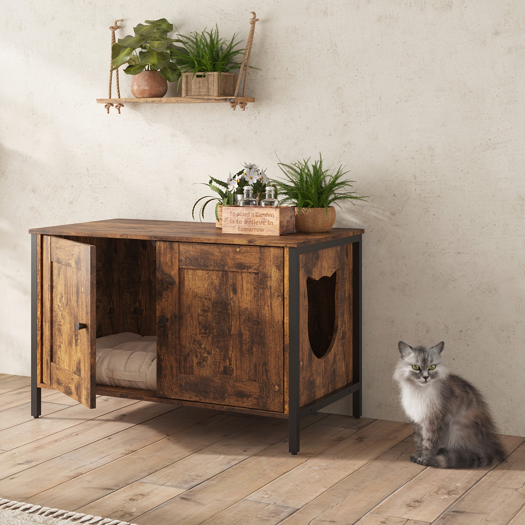 TEMU Vintage-style Hidden Cat Litter Box Enclosure With Removable Divider – Rustic Wooden End , Spacious Cat Hideout & Food Storage, Fits Most Litter