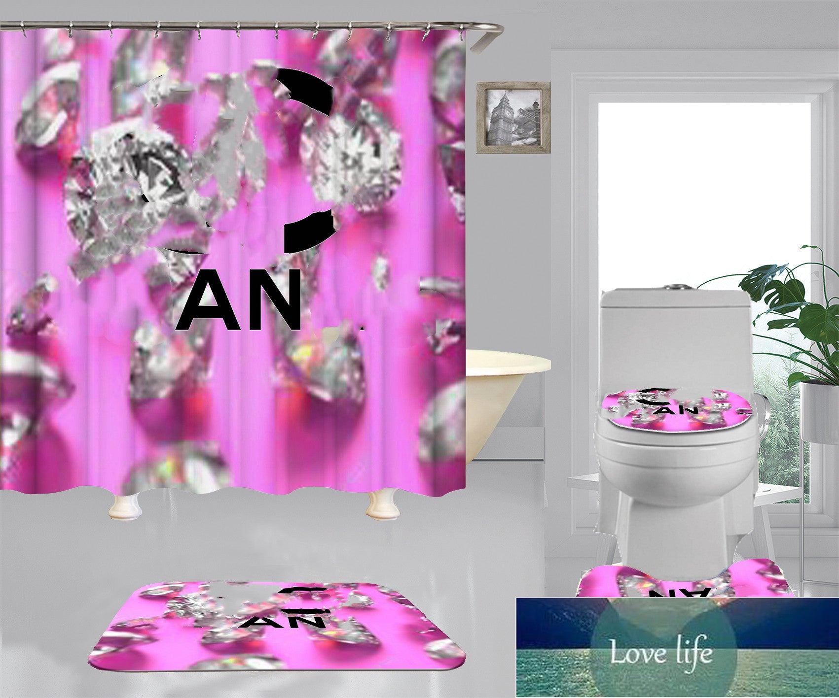 Top Quality American Bathroom Suit Shower Curtain Foot Mat Toilet Seat Cover Pad Combination Factory Wholesale