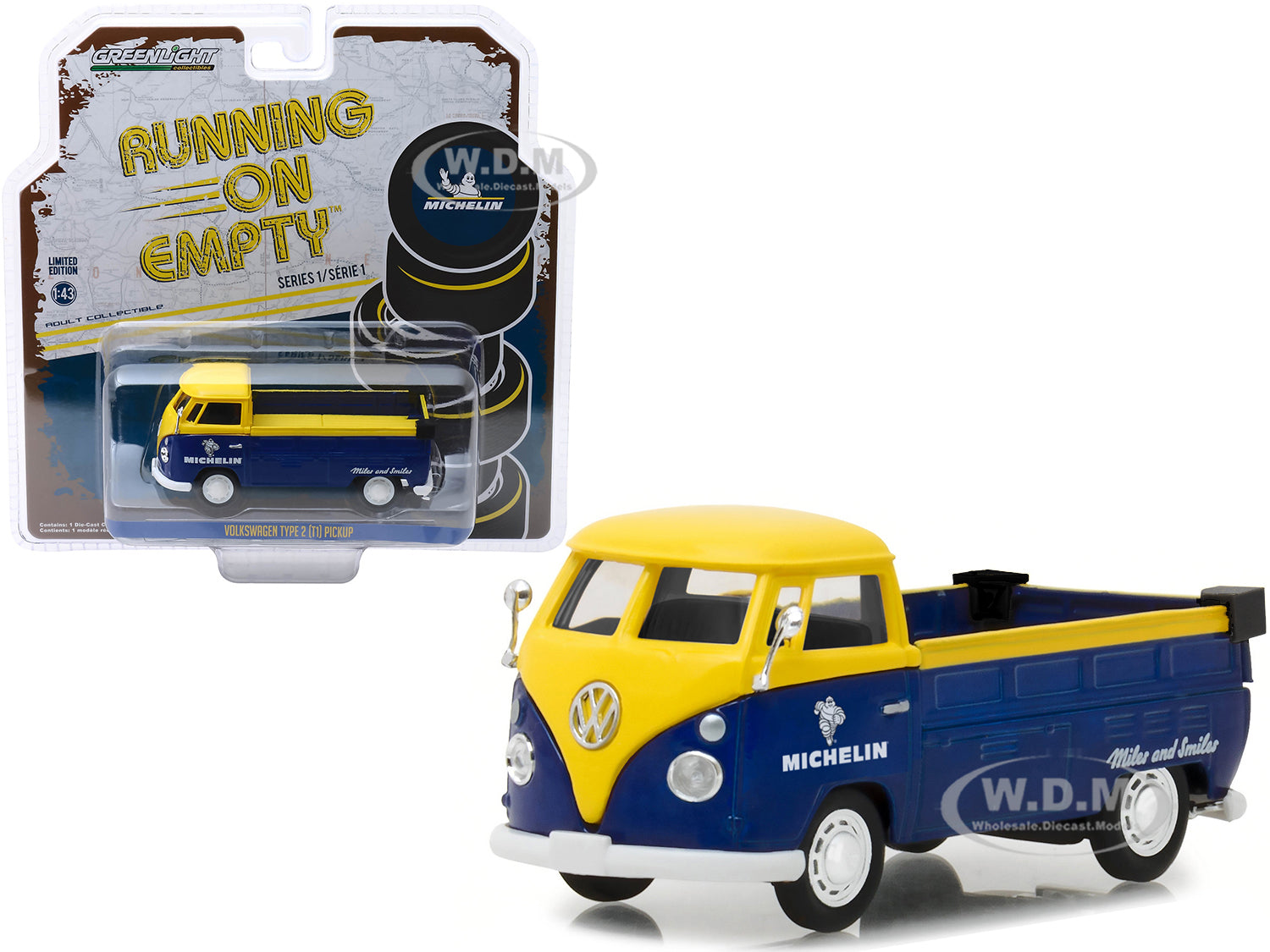 Volkswagen Type 2 (T1) Pickup Truck "Michelin Tires" Yellow and Dark Blue "Running on Empty" Release 1 1-43 Diecast Model Car by Greenlight