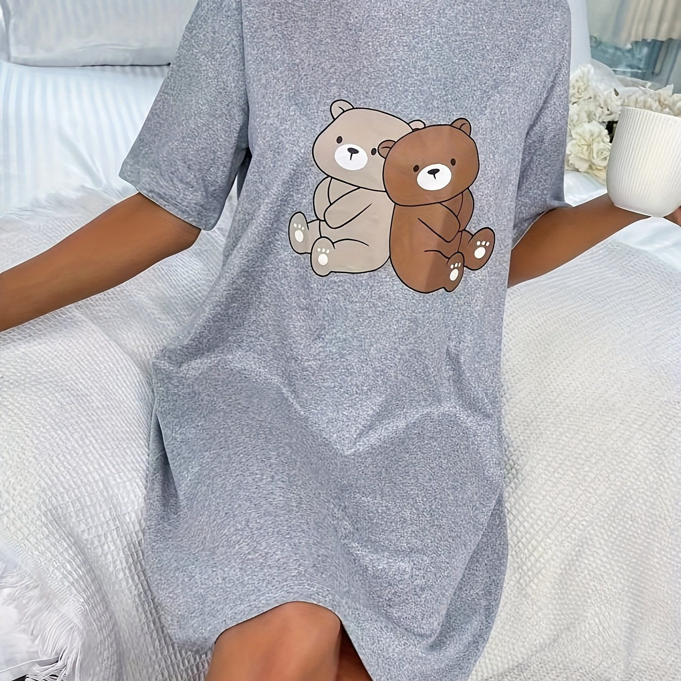 TEMU Women's Cute Sleepwear Dress, Short Sleeve Round Neck Tee Dress, Comfortable Nightgown