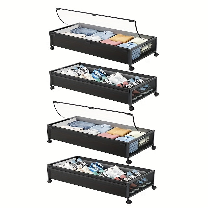 TEMU 4-pack Under Bed Storage Bins With Wheels, 54l Large Capacity Metal Rolling Drawers With Clear Lids – Clothes, Shoes, Blankets, Toys, And Books
