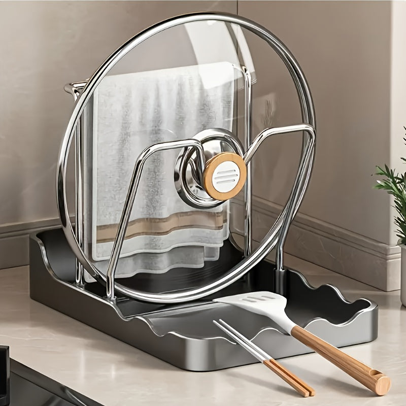 TEMU 1pc Utensil Sets Premium Stainless Steel Kitchen Organizer - Pot Lid & Utensil Holder With Drain Tray, No-drill Installation, For High-end