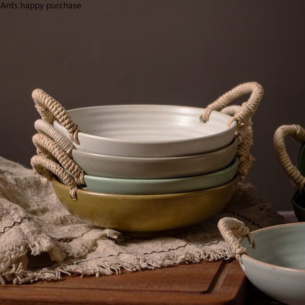 Round Ceramic Plate Twine Binaural Dinner Plate Snack Fruit Tray Salad Bowl Soup Plates Dessert Bowl Noodle Bowls Western Dishes