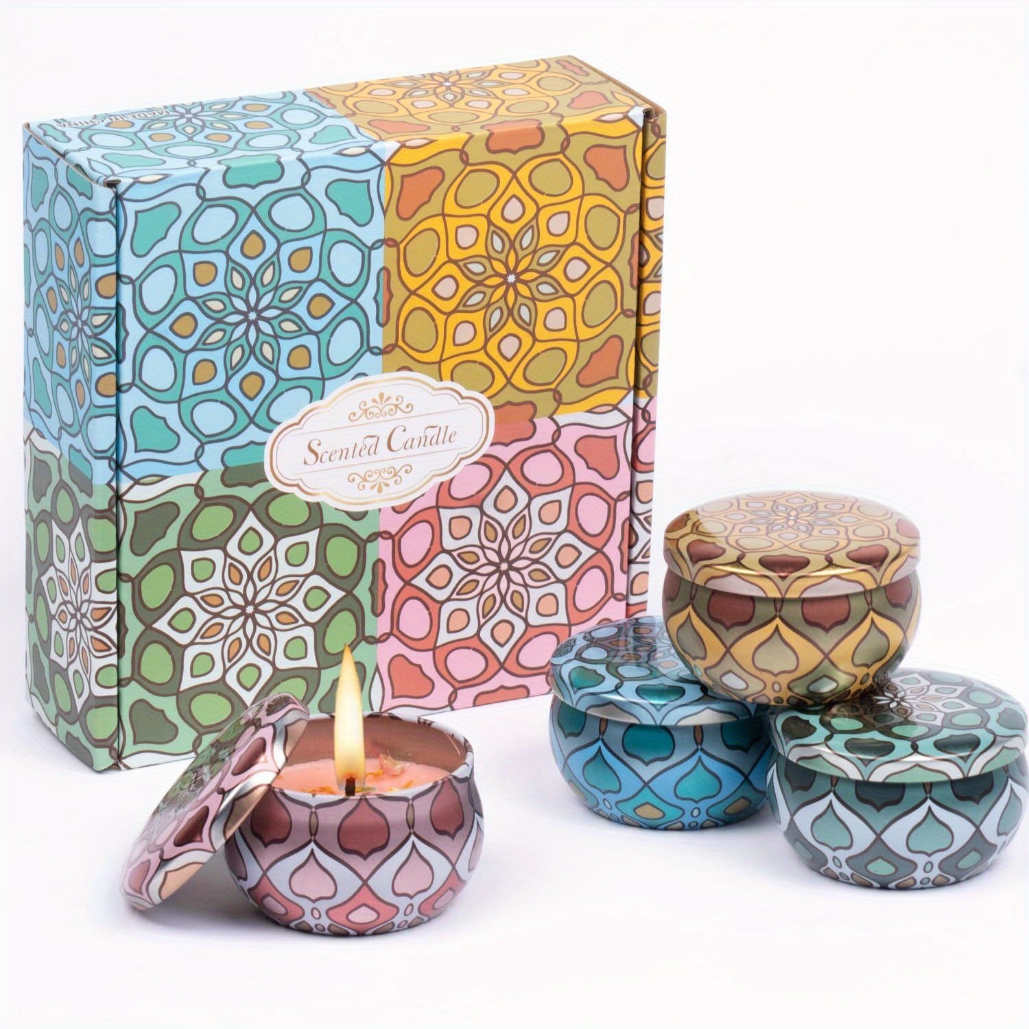 TEMU 4-pack Long-lasting Soy Wax Candles Set - 60-hour , 4 Unique Scents (jasmine, Lemon, Vanilla, ) In Pastel Colors - Elegant Gift Box &