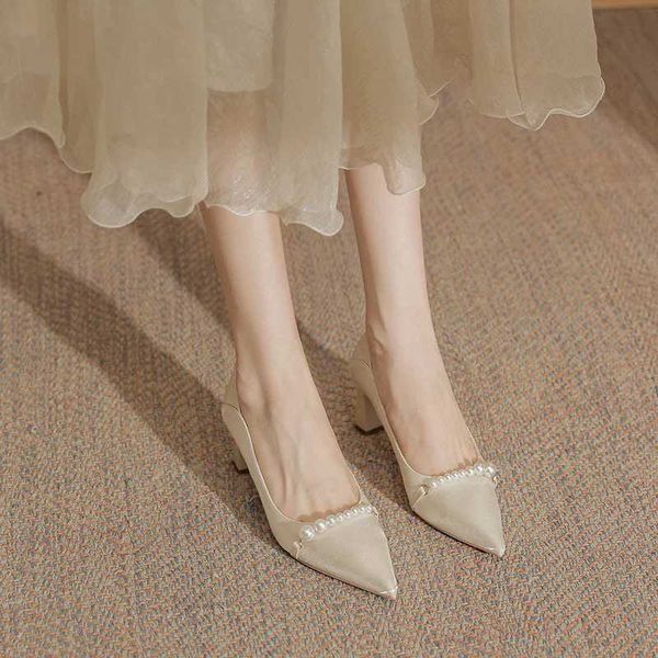 Brand Dress Shoes for Women 2024 New Elegant Pearl Embellished Womens High Heels Korean Fashion Shallow Mouth Thick Heels ShoesC241012
