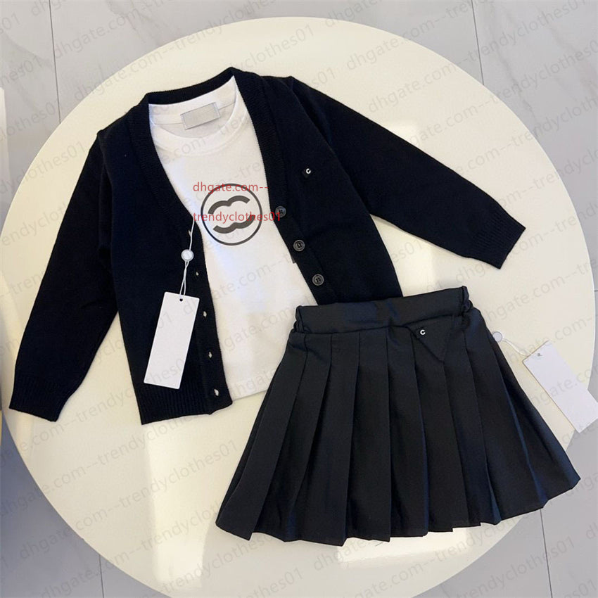 Kids girls print letter fashion designer 3pcs sets knit cardigan jumper tops pleated skirts outfits baby gilr black white princess autumn winter chi