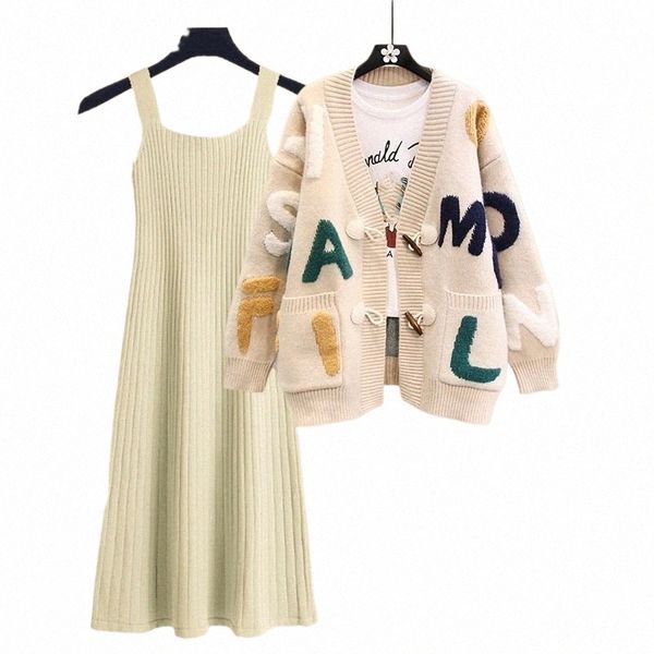 2023 Autumn Winter New Loose Knitted Cardigan+Suspended Skirt Matching Set Women&#039;s Korean Elegant Sweater Dress Two Piece Suit b8gC#