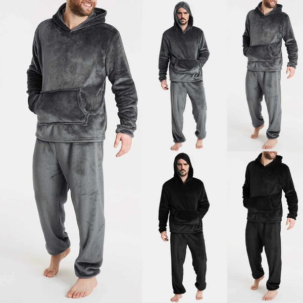winter Men Fleece Casual Long Sleeve Pajamas Set Coral Velvet solid color Sleepwear Male Plush Thicken Warm Hooded HomewearXJ241227