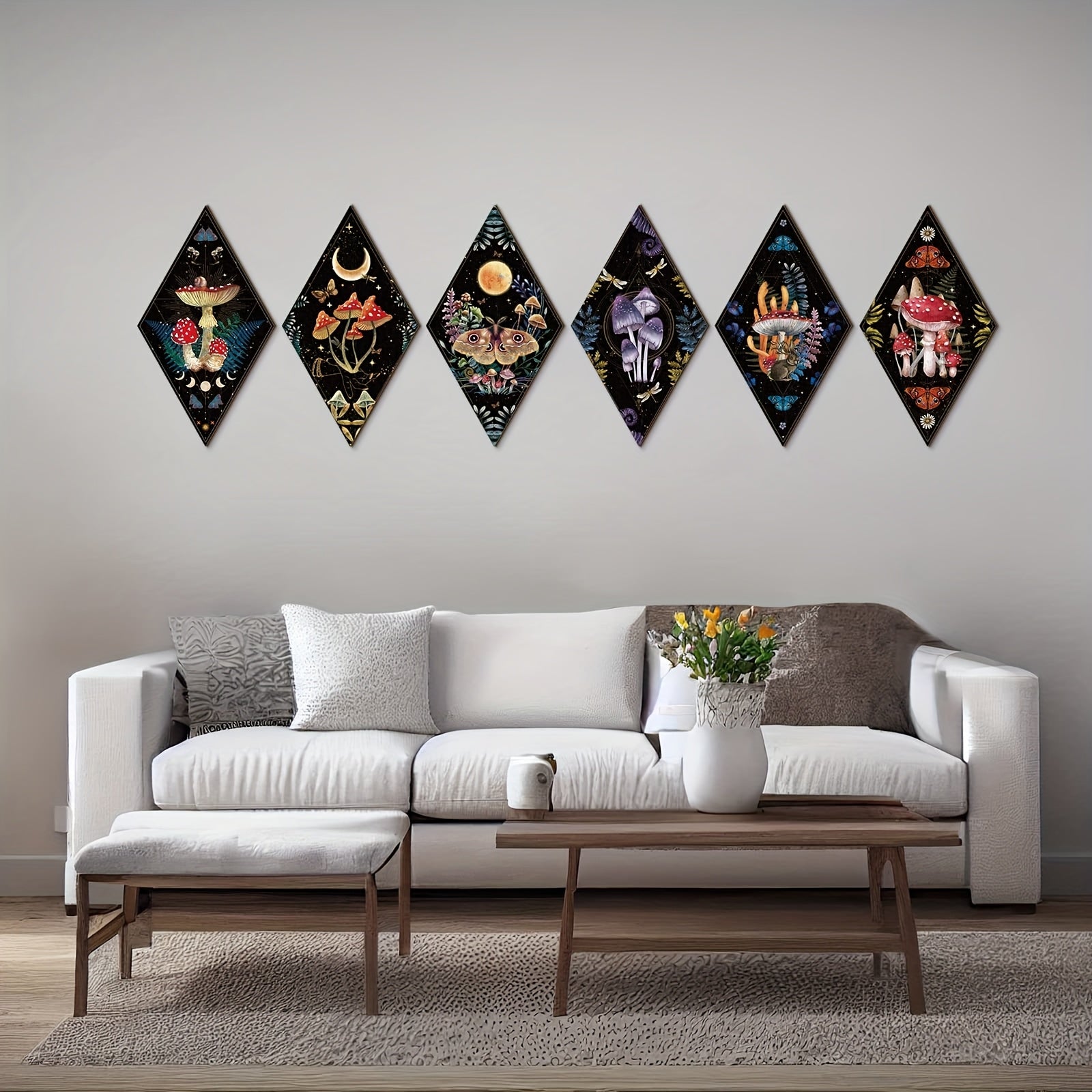 TEMU 6pcs Mushroom Wall Decor Gift Vintage Aesthetic Boho Wall Art For Home 11.8inch Wooden Moon Gothic Minimalist Wall Hanging For Bathroom Bedroom