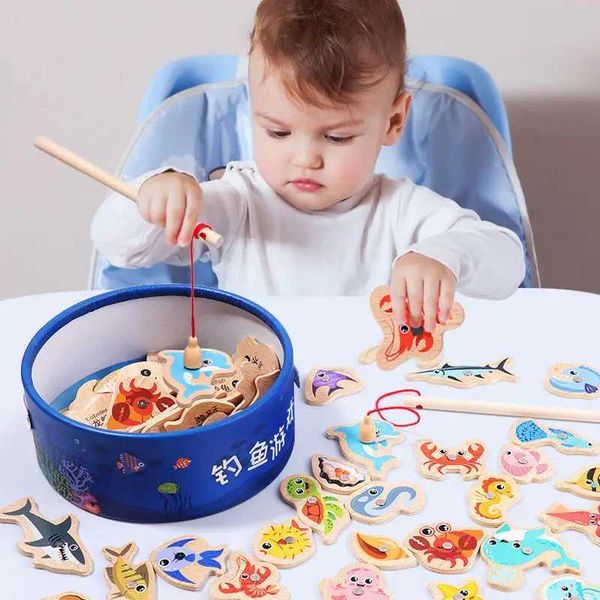 Wooden magnetic fishing gear childrens marine biometric fish game early childhood education for infants interactive toys for parents and chi