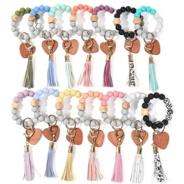 Novelty Valentines Day Party Favor Love Wood Chip Silicone Head Bracelet Keychain Wristlet Tassels Handchain Keys Ring FY3524 ss1205