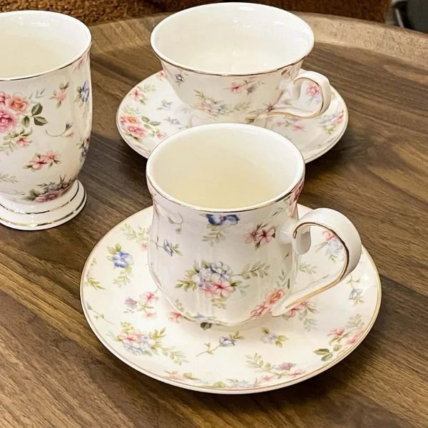 Vintage British floral ceramic coffee cup set afternoon tea flower tea cup gold border ceramic cup kitchen cup 240830