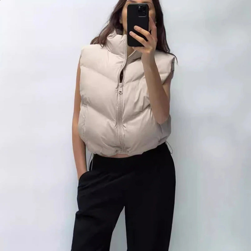 Winter cotton padded down vest womens inflatable sleeveless zipper jacket stand up collar goldplated with pockets 240918