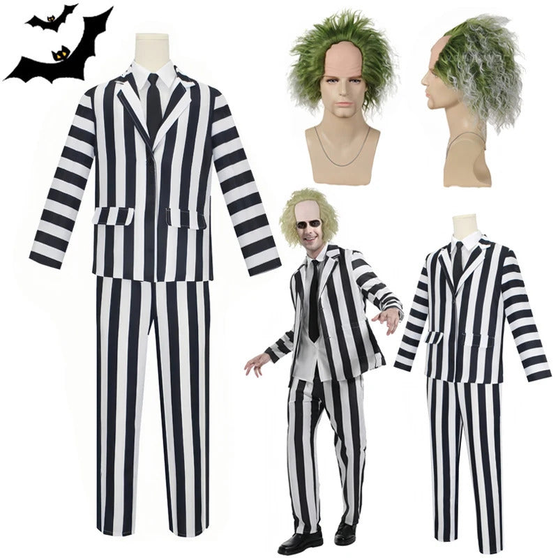Beetle Juice Mens Black and White Stripe Set Horror Halloween Costume Wig Tie Shirt for Role Playing Parties 241009