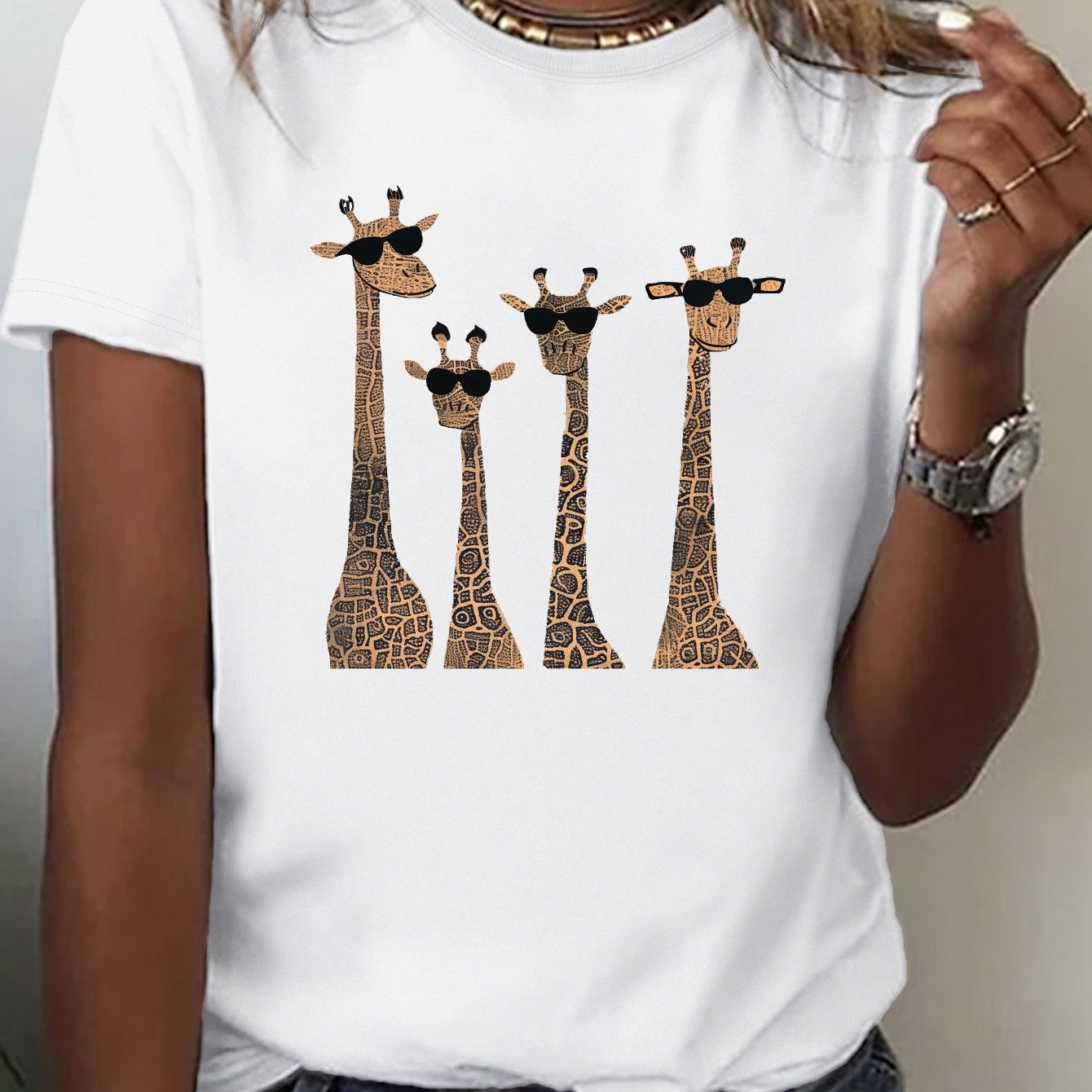 TEMU Cute Giraffes Print Crew Neck T-shirt, Casual Short Sleeve Top For Spring & Summer, Women's Clothing