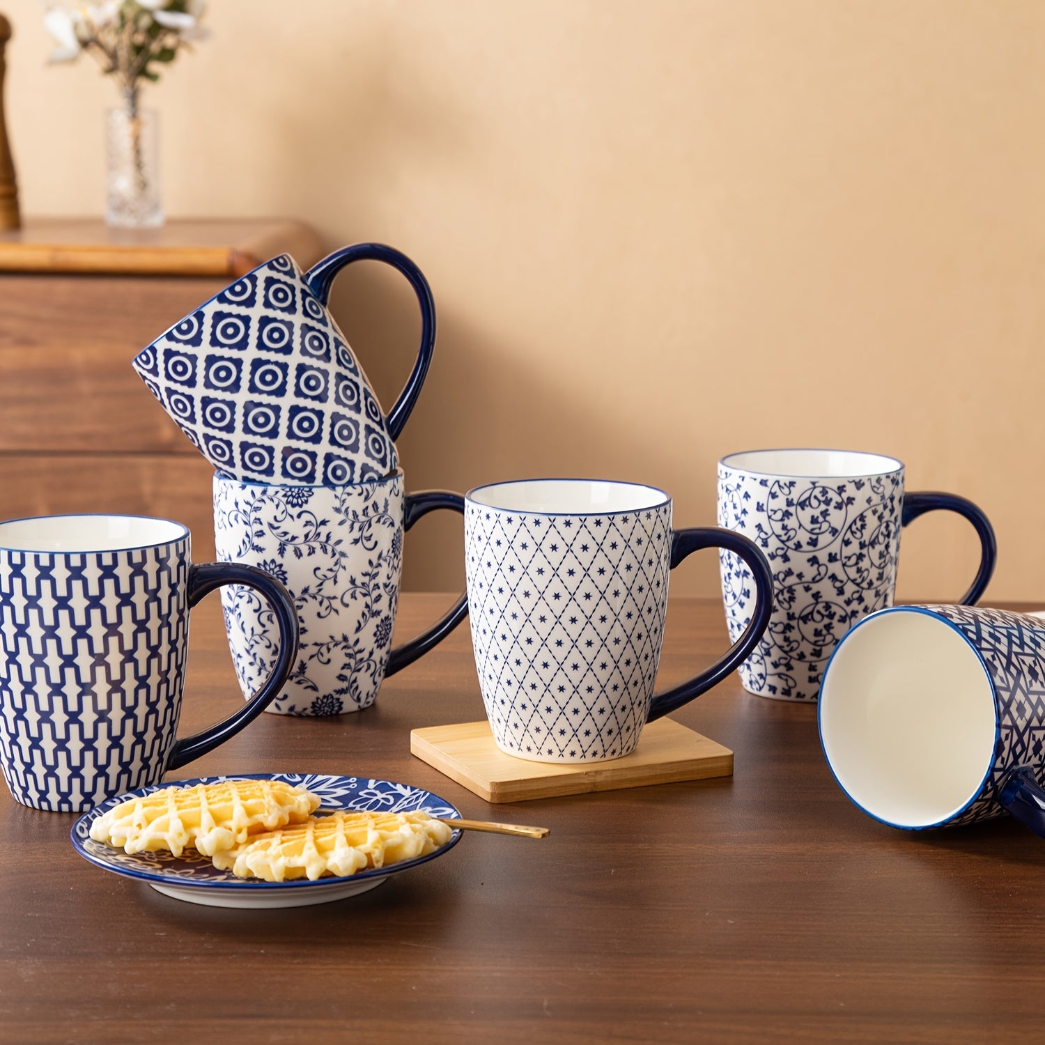 TEMU 6pcs Set, 16 Oz Vintage Blue Ceramic Coffee Mugs - Large Porcelain Cups With Handle For , Milk, Cappuccino, Tea - Microwave & Dishwasher Safe -