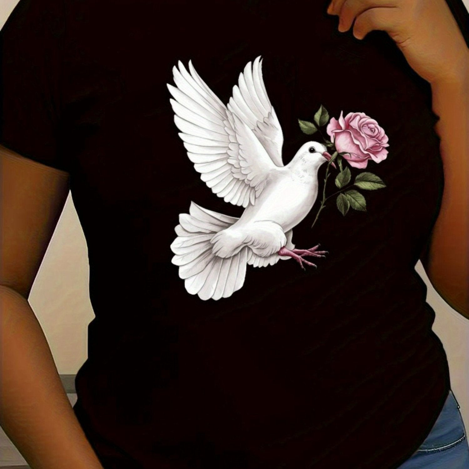 TEMU Women's Soft T-shirt With And Rose Graphic – Fit, Black Casual Design, Machine Washable, Wear