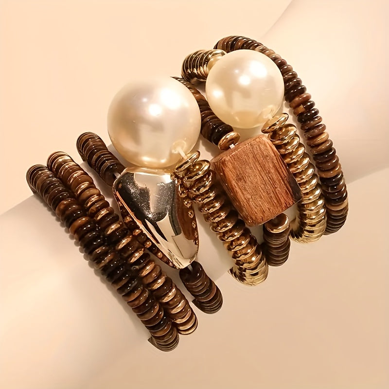 TEMU 7pcs-set Vintage Boho Style Resin And Wood Beaded Bracelets, Geometric Pattern, Brown, For, Party, Dinner, Vacation, And Casual Attire, Suitable