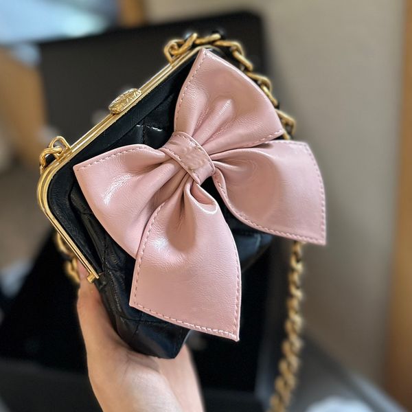 Cute bow metal chain bag Women Cross body Frog Clamping Mouth Designer Bags Shoulder Bag Handbag sequin Mini Totes hobo Clutch pack Ladies&#