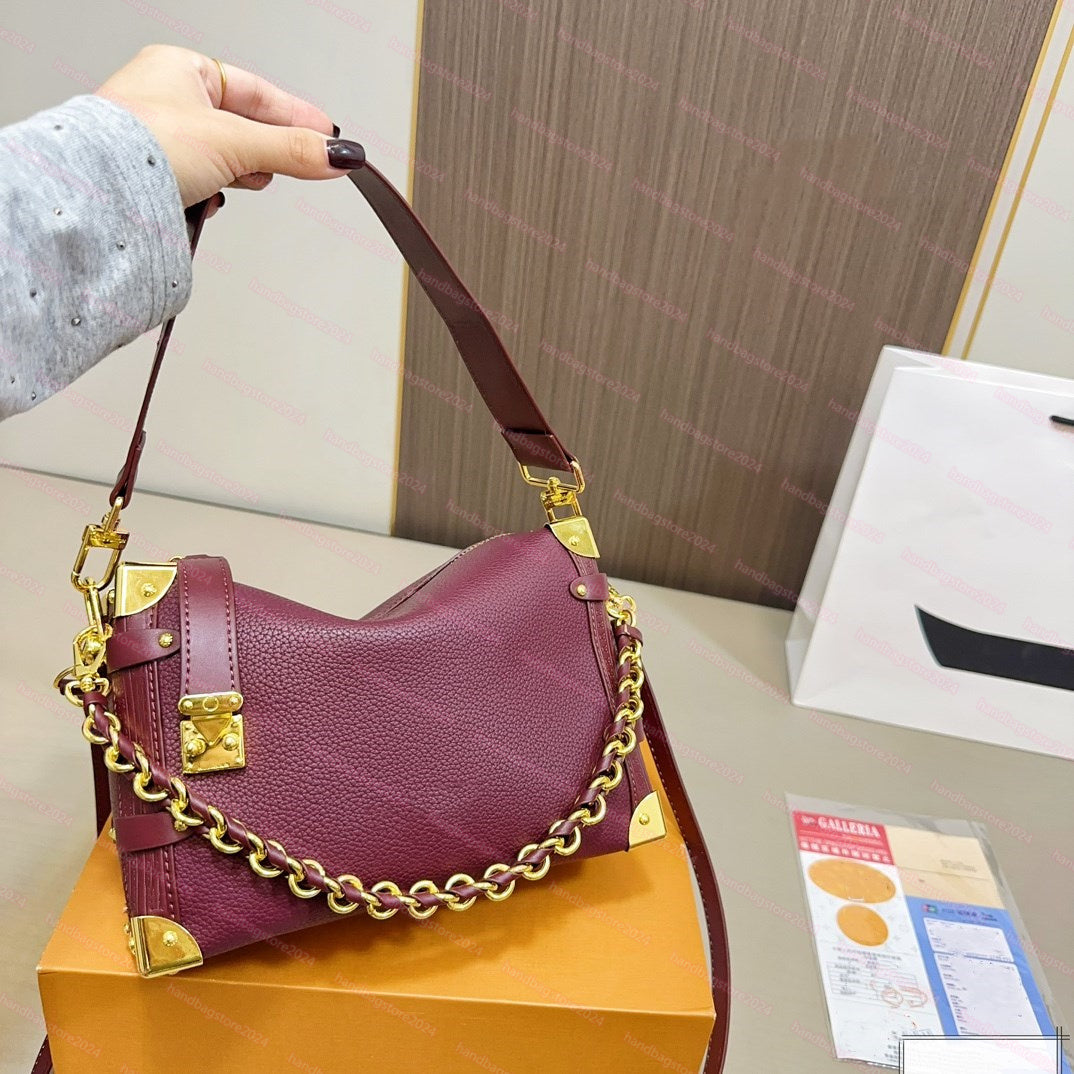 Designer bag Side trunk women&#039;s shoulder bag luxury leather crossbody bag gold chain retro handbag high-quality buckle wine red wallet trunk