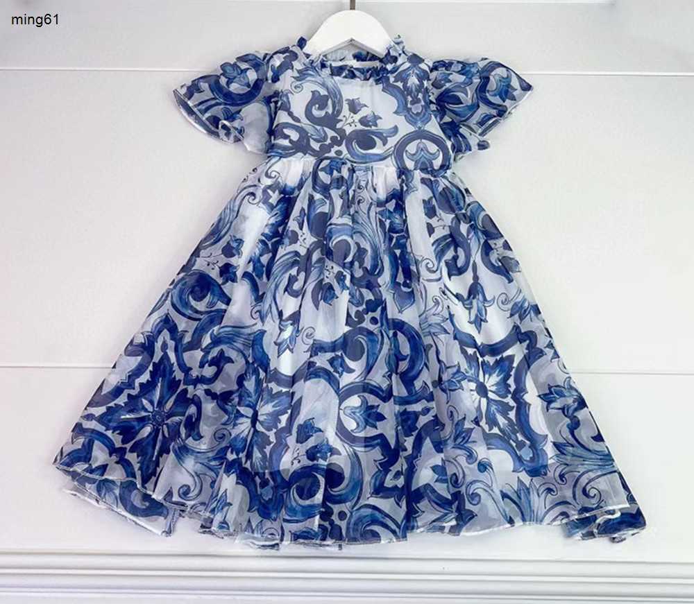 brand designer girls dress Fashion children&#039;s dresses Blue and white porcelain pattern printing baby clothing