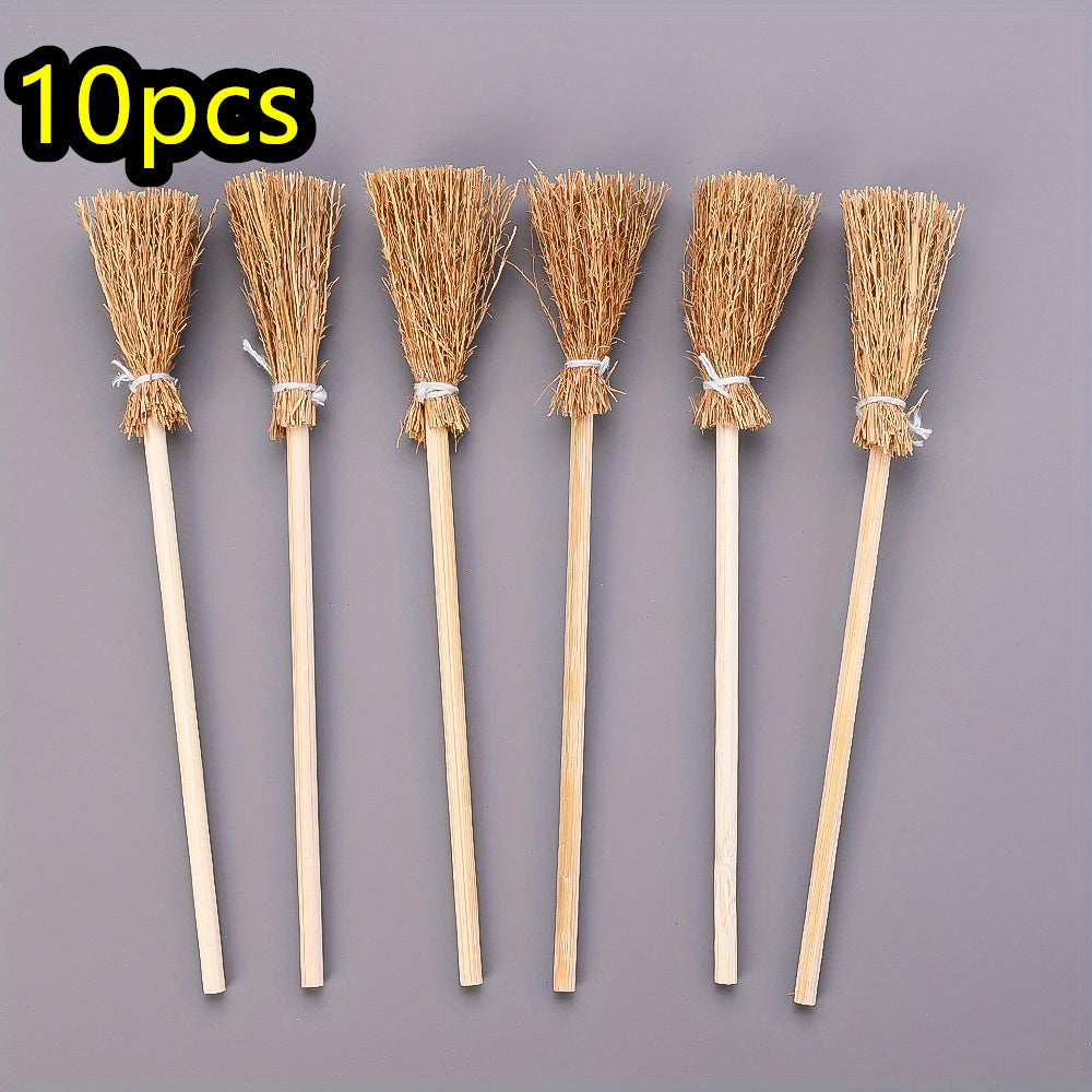 TEMU 10pcs Mini Broom Decorations - Farmhouse Halloween Party Decor With Natural Wooden Brooms, For Haunted House, Dollhouse, Costume Party - No