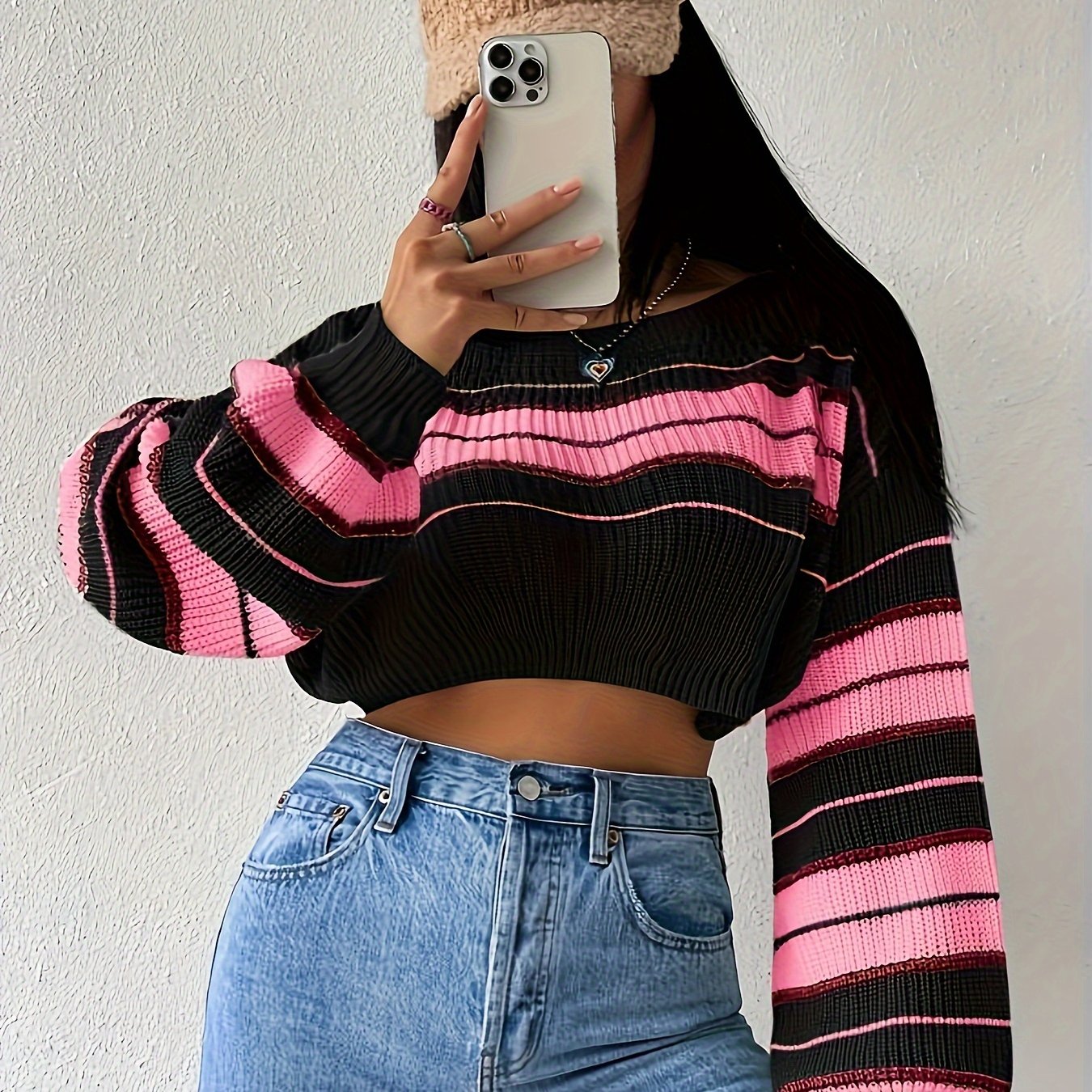 TEMU French Lazy Destructive Wind Sweater Women Spring And Fall Long-sleeved Striped Sweater Sweet And Spicy Short Tops Women