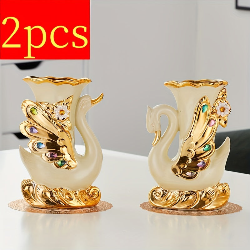 TEMU 2pcs Elegant Swan-shaped Ceramic Vases With Golden Accents - European Style Decorative Vases For Living Room, Ideal For Dried & Artificial