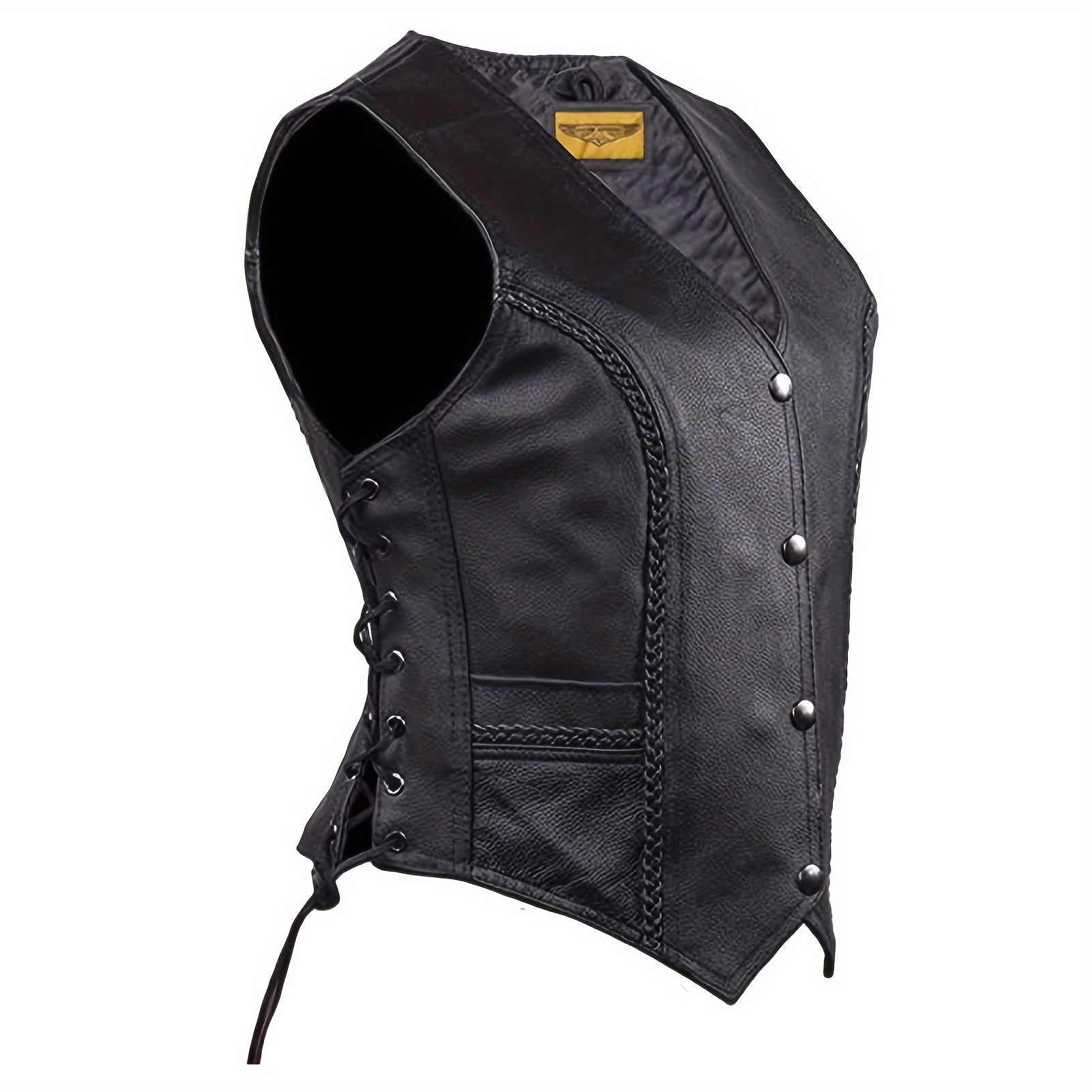 TEMU Women's Black Concealed Carry Pockets Leather Motorcycle Vest, With Lace- Detailing & Adjustable Straps | Edgy Biker Eyelet Accents, Motorcycle