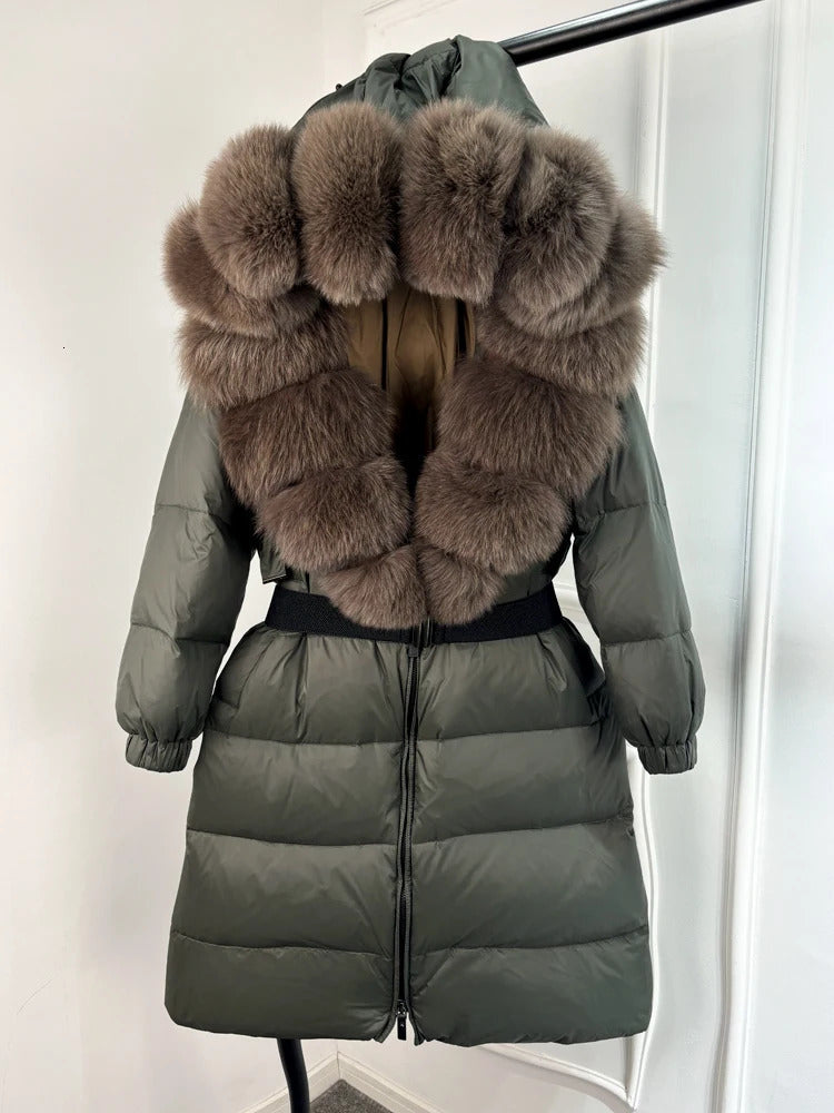 Janveny Natural Thick Warm 90 White Duck Down Coat Long Winter Jacket Women Real Big Fur Collar Belt Loose Puffer Parka 241017
