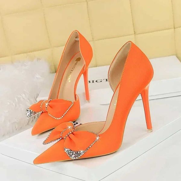 Dress shoes Plus Size Wen Sweet 11cm Thin High H Party Luxury Pumps Lady Rhinestone Bowknot Red Orange Side Hollow H Pr Shoes Z241114