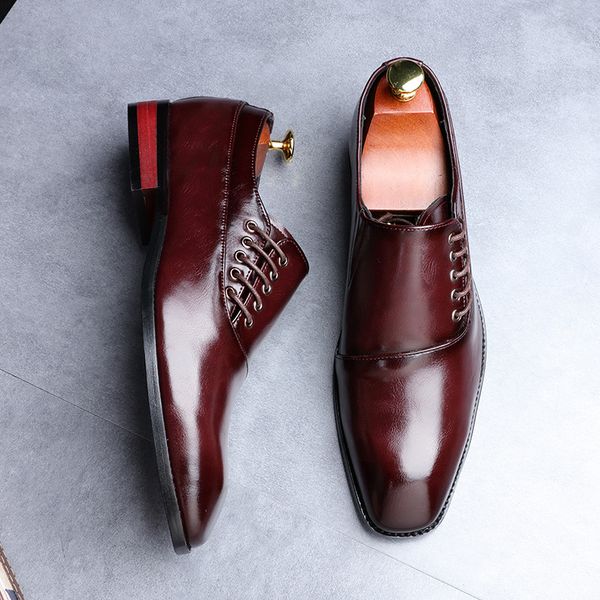 Men New Formal Dress Wedding Shoes Red Wine British Style Business Office Lace-Up Leather Loafers 2021 a410