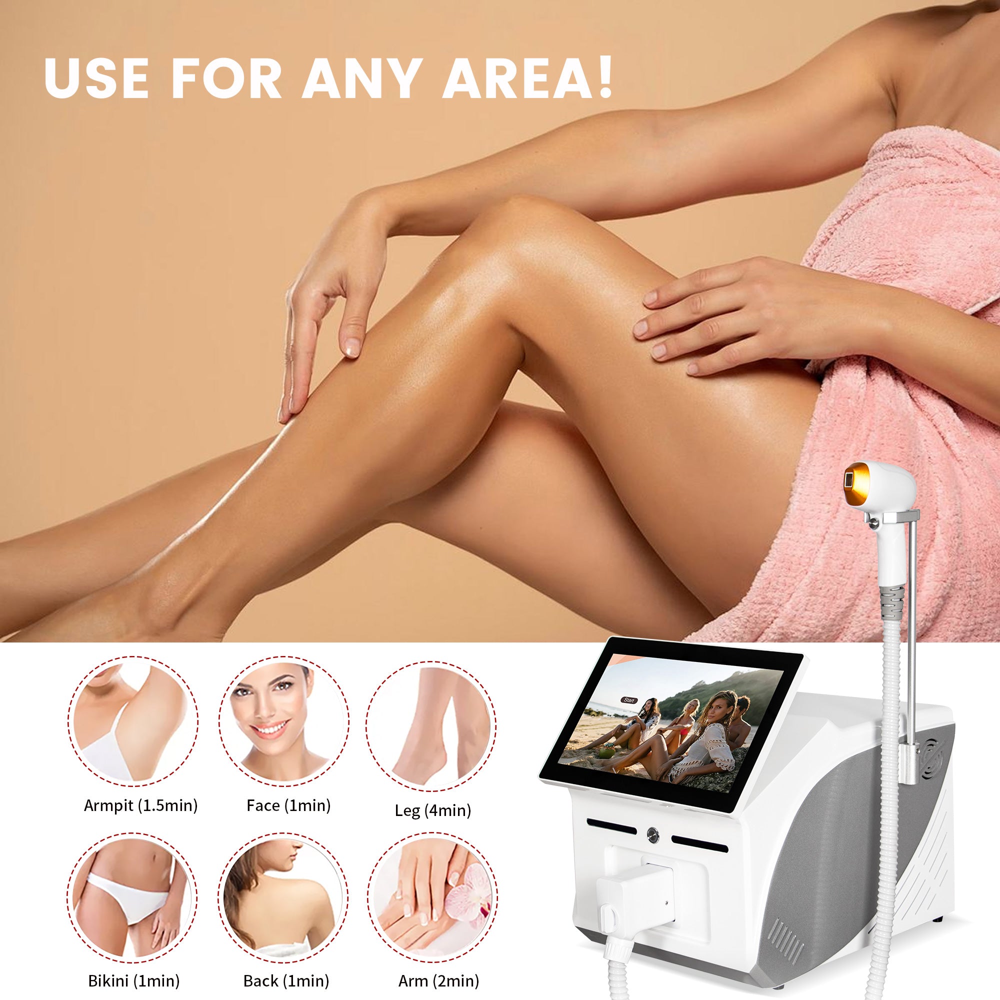 Large Spot Size Diode Laser Hair Removal Machine for Fast Coverage, Short Treatment Time and Maximum Client Comfort in Beauty Salons