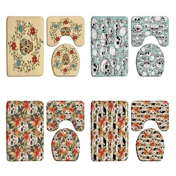 Sugar Skeleton Flower Bathroom Carpet Set Halloween Skeleton Tropical Plant Leaf Bath Mat Non slip Door Mat Carpet Toilet Cover M240829
