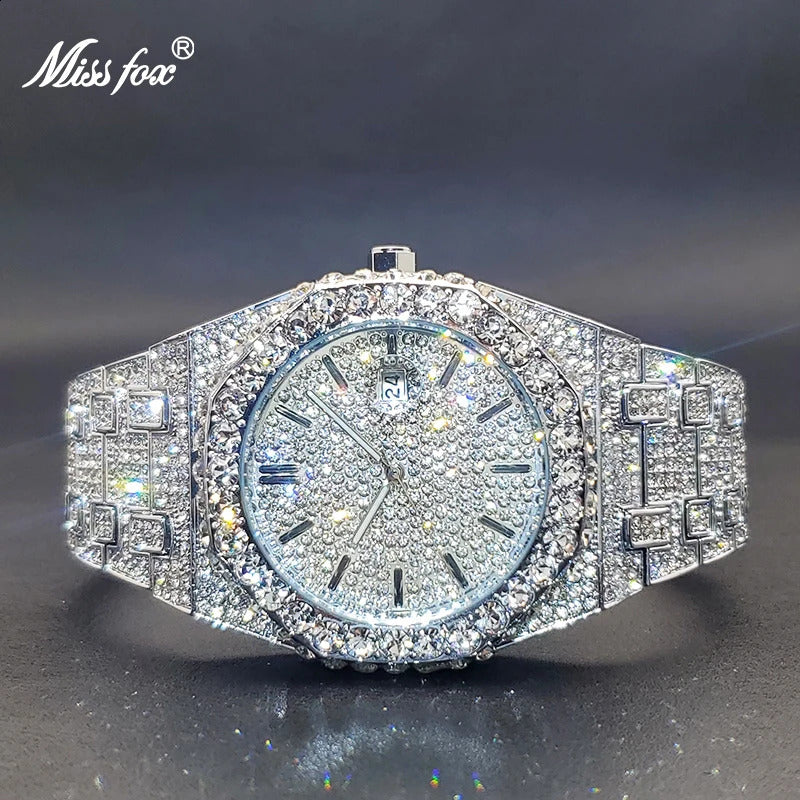 MISSFOX Iced Out Silver Color Diamond Mens Watch Calendar Waterproof Quartz Watches For Men High Quality Big Hand Clock 240909