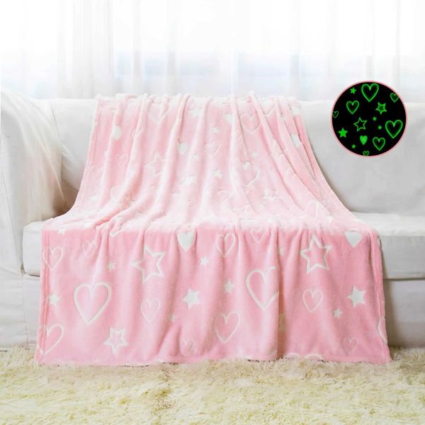 Glowing Star Heart Blanket: Pink Soft Flannel Throw Blanket for Kids, 1-10 Years