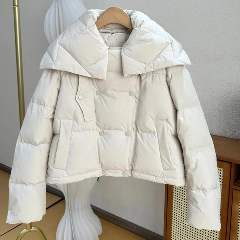 Women Short Puffer Jacket Autumn Winter Lightweight White Duck Down Coat Double Breasted Fashion Warm Outerwear Female